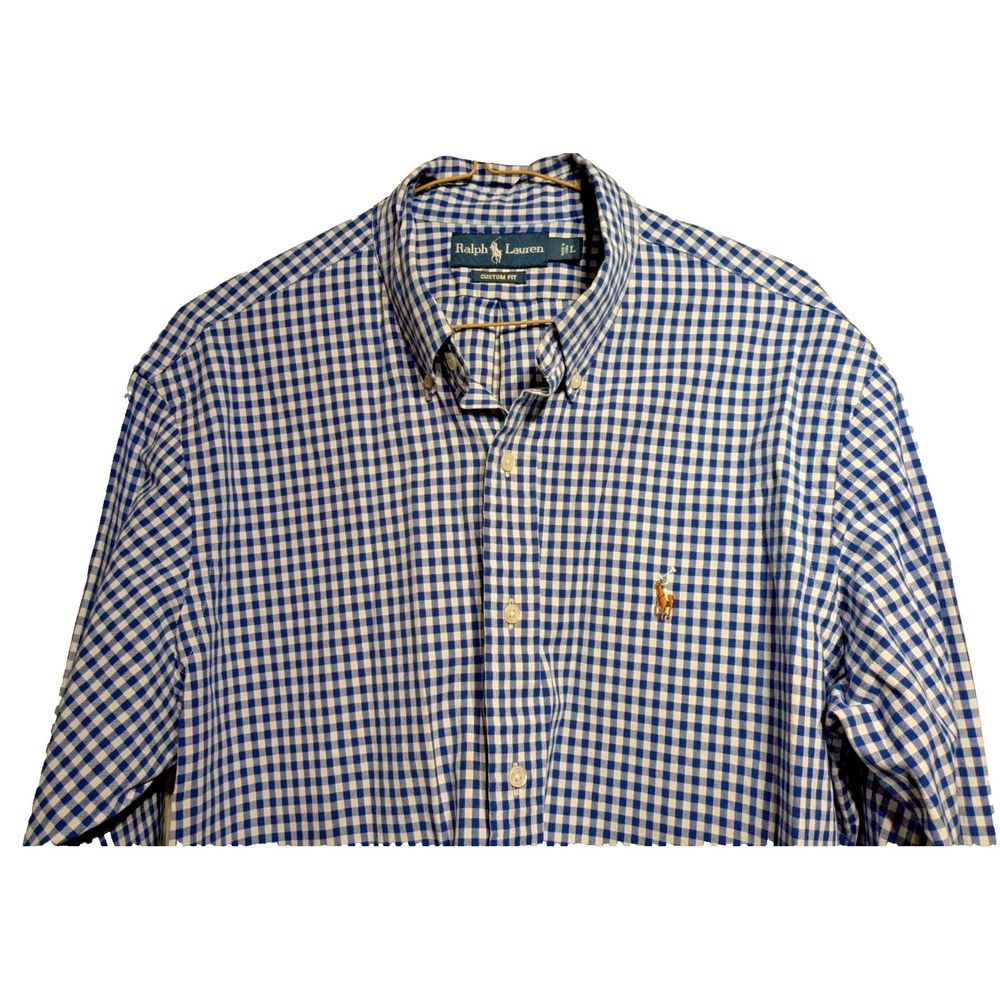 Ralph Lauren Shirt Men Sz: L Blue Gingham Plaid Flesh Pony Oxford Custom Fit EUC